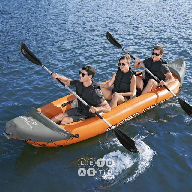 Надувная байдарка Rapid-X3 трехместная 381*100 см + насос и весла, оранжевая Bestway