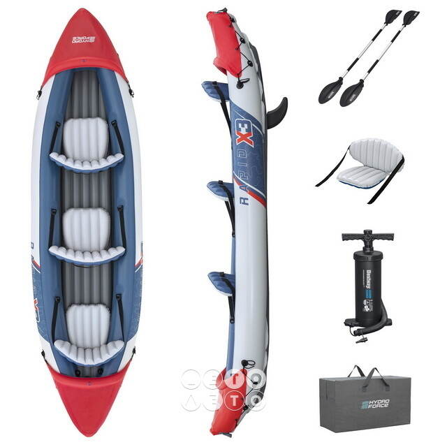 Надувная байдарка Rapid-X3 трехместная 381*100 см + насос и весла, серая Bestway