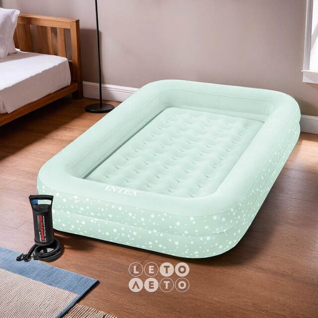 Детская надувная кровать с бортиками Kidz Travel Stars 107*168*25 см, ручной насос INTEX