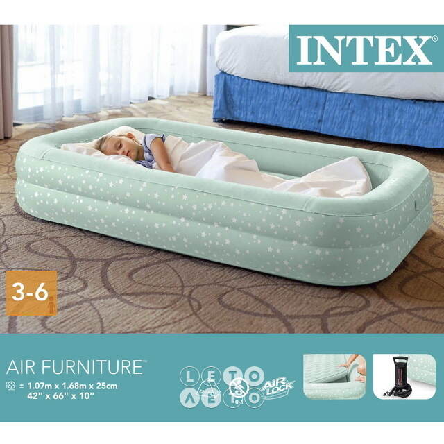 Детская надувная кровать с бортиками Kidz Travel Stars 107*168*25 см, ручной насос INTEX