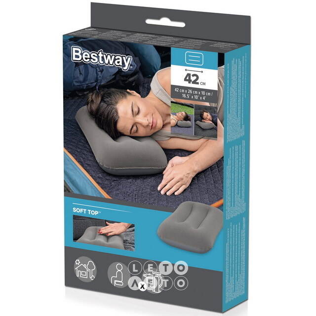 Надувная подушка 42*26*10 см серая, флокированная Bestway (Бествей)