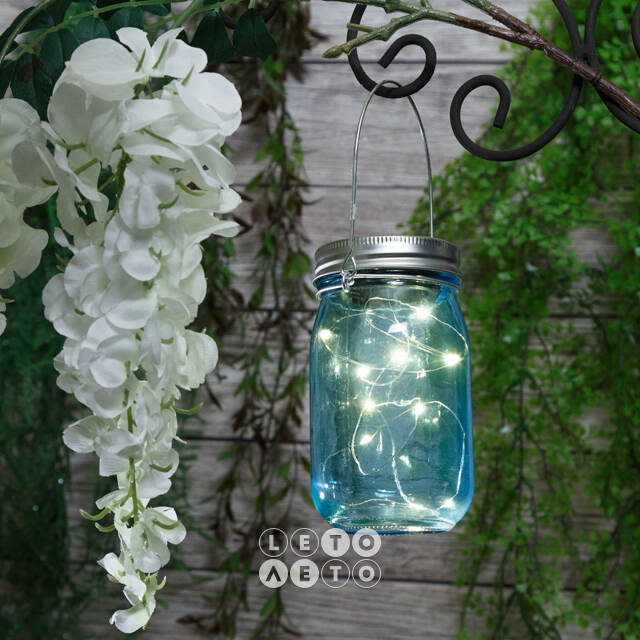 Подвесной солнечный светильник Банка Solar Fairy 14 см, 10 теплых белых LED ламп, голубой, IP44 Kaemingk