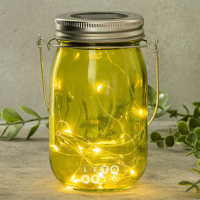 Подвесной солнечный светильник Банка Solar Fairy 14 см, 10 теплых белых LED ламп, оливковый, IP44 Kaemingk