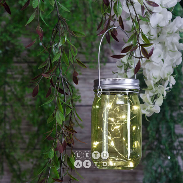 Подвесной солнечный светильник Банка Solar Fairy 14 см, 10 теплых белых LED ламп, оливковый, IP44 Kaemingk