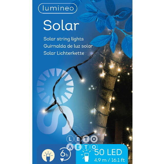 Гирлянда на солнечной батарее Lumineo Solar Caro 4.9 м, 50 теплых белых LED ламп, черный ПВХ, контроллер, IP44 Kaemingk
