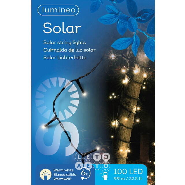 Гирлянда на солнечной батарее Lumineo Solar Caro 9.9 м, 100 теплых белых LED ламп, черный ПВХ, контроллер, IP44 Kaemingk