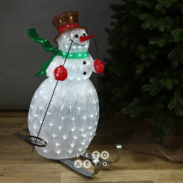 Светящаяся акриловая фигура Снеговик на лыжах 85 см, 200 LED ламп, IP44 Kaemingk