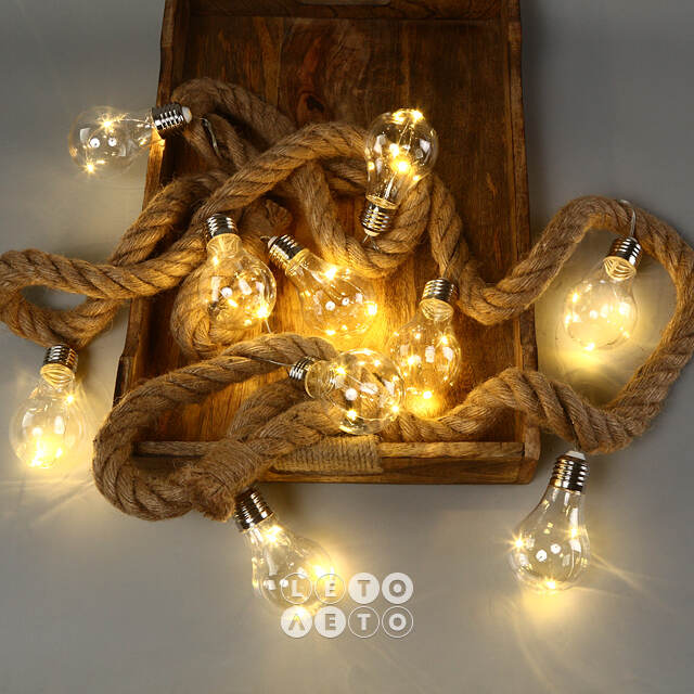 Ретро гирлянда на батарейках Палмдейл 2.9 м, 10 теплых белых LED, канат, IP44 Koopman