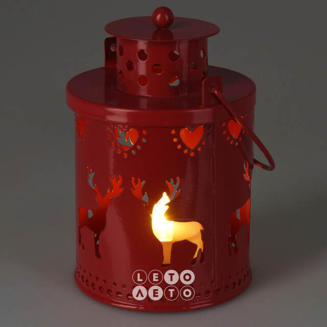 Декоративный фонарь со свечой Lumiere Miracle - Олень 13 см, красный, на батарейках Koopman