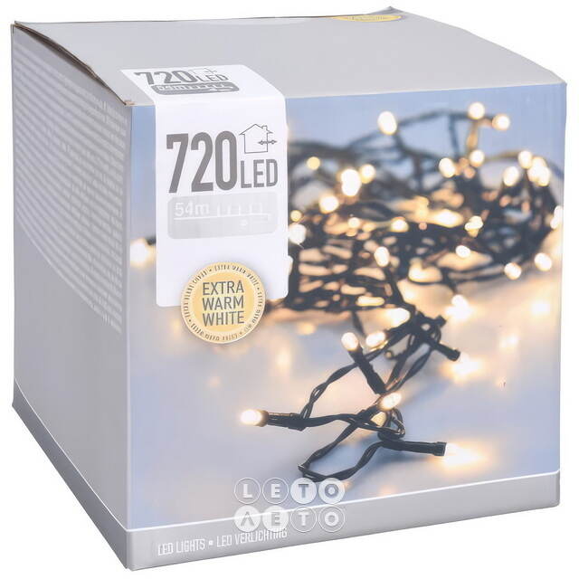 Светодиодная гирлянда Koopman Comfort Steady 54 м, 720 экстра теплых белых LED ламп, зеленый ПВХ, IP44 Koopman (Купман)