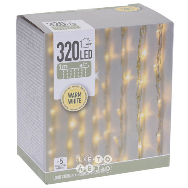 Светодиодный водопад Koopman 1*2 м, 320 теплых белых LED ламп, прозрачный ПВХ, контроллер, IP44 Koopman