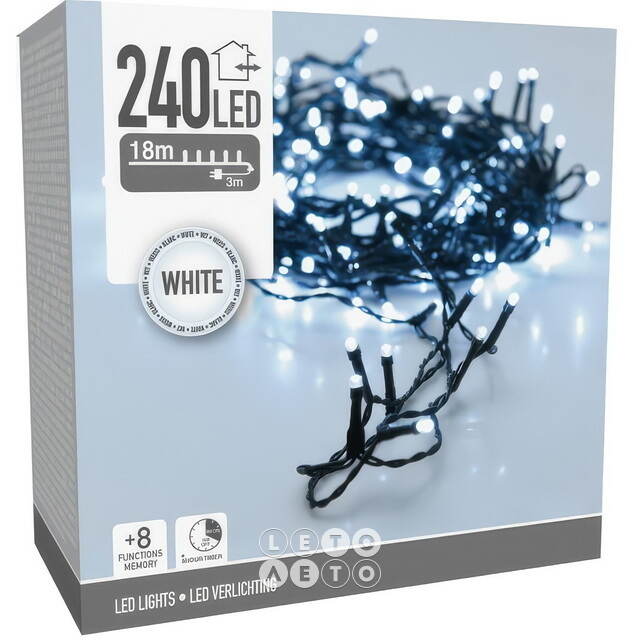 Светодиодная гирлянда Koopman Comfort 18 м, 240 холодных белых LED ламп, зеленый ПВХ, контроллер, таймер, IP44 Koopman (Купман)