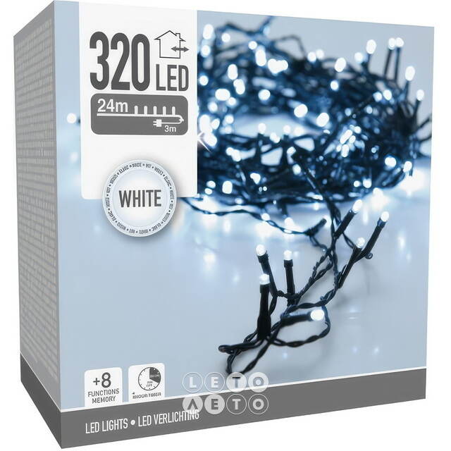 Светодиодная гирлянда Koopman Comfort 24 м, 320 холодных белых LED ламп, зеленый ПВХ, контроллер, таймер, IP44 Koopman (Купман)