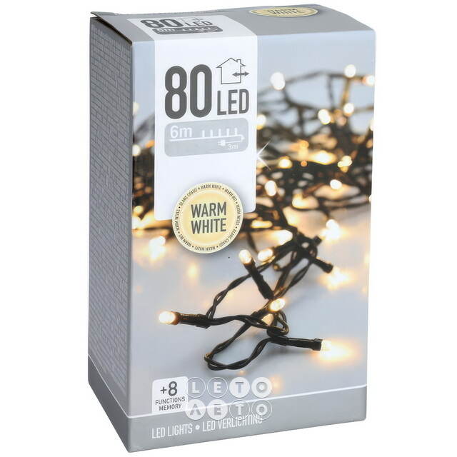 Светодиодная гирлянда Koopman Comfort 6 м, 80 теплых белых LED ламп, зеленый ПВХ, контроллер, таймер, IP44 Koopman (Купман)