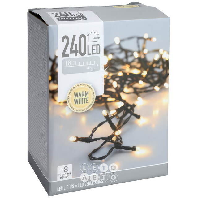 Светодиодная гирлянда Koopman Comfort 18 м, 240 теплых белых LED ламп, зеленый ПВХ, контроллер, таймер, IP44 Koopman (Купман)