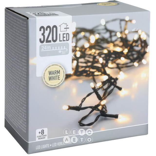 Светодиодная гирлянда Koopman Comfort 24 м, 320 теплых белых LED ламп, зеленый ПВХ, контроллер, таймер, IP44 Koopman (Купман)