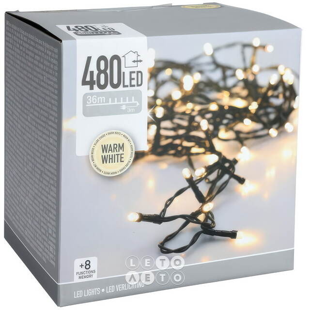 Светодиодная гирлянда Koopman Comfort 36 м, 480 теплых белых LED ламп, зеленый ПВХ, контроллер, таймер, IP44 Koopman (Купман)