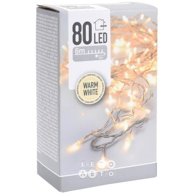 Светодиодная гирлянда Koopman Comfort 6 м, 80 теплых белых LED ламп, прозрачный ПВХ, контроллер, таймер, IP44 Koopman (Купман)