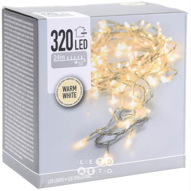 Светодиодная гирлянда Koopman Comfort 24 м, 320 теплых белых LED ламп, прозрачный ПВХ, контроллер, таймер, IP44 Koopman (Купман)