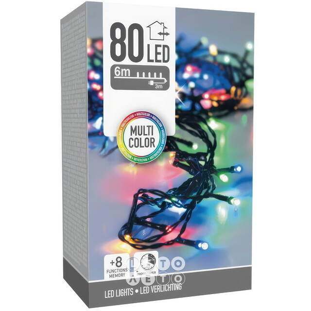 Светодиодная гирлянда Koopman Comfort 6 м, 80 разноцветных LED ламп, зеленый ПВХ, контроллер, таймер, IP44 Koopman (Купман)