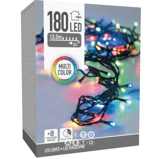 Светодиодная гирлянда Koopman Comfort 13.5 м, 180 разноцветных LED ламп, зеленый ПВХ, контроллер, таймер, IP44 Koopman (Купман)