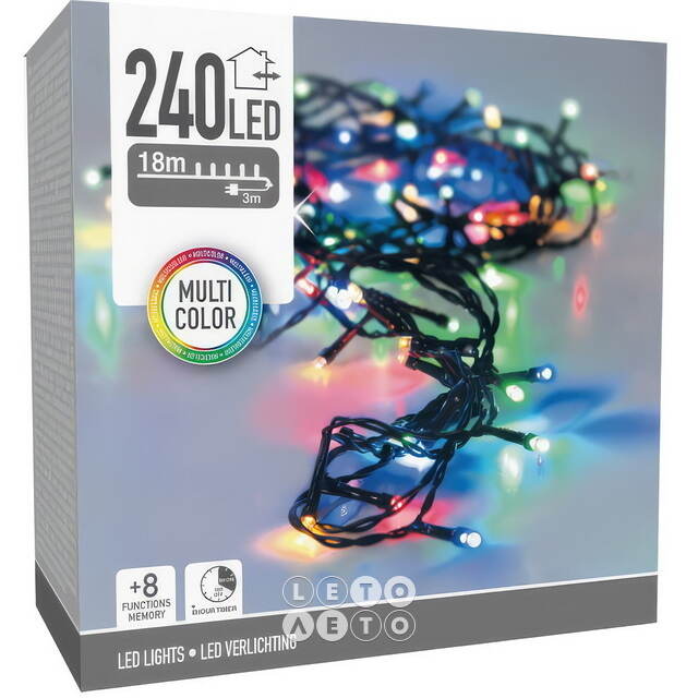 Светодиодная гирлянда Koopman Comfort 18 м, 240 разноцветных LED ламп, зеленый ПВХ, контроллер, таймер, IP44 Koopman (Купман)
