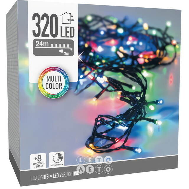 Светодиодная гирлянда Koopman Comfort 24 м, 320 разноцветных LED ламп, зеленый ПВХ, контроллер, таймер, IP44 Koopman (Купман)