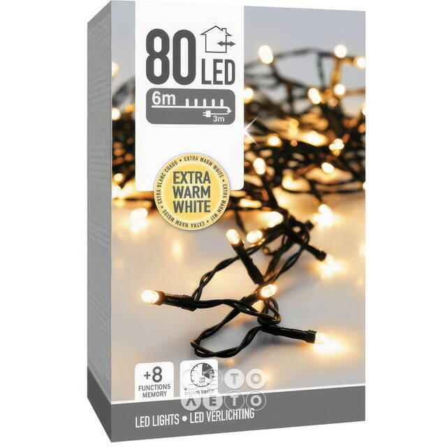 Светодиодная гирлянда Koopman Comfort 6 м, 80 экстра теплых белых LED ламп, зеленый ПВХ, контроллер, таймер, IP44 Koopman (Купман)