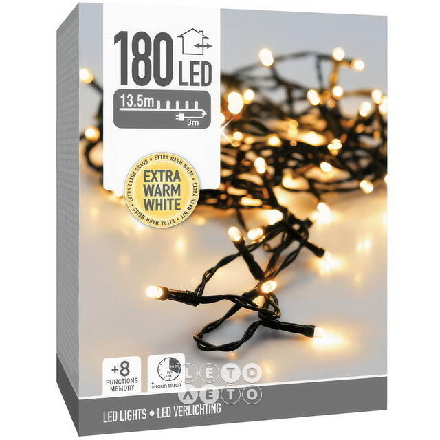 Светодиодная гирлянда Koopman Comfort 13.5 м, 180 экстра теплых белых LED ламп, зеленый ПВХ, контроллер, таймер, IP44 Koopman (Купман)