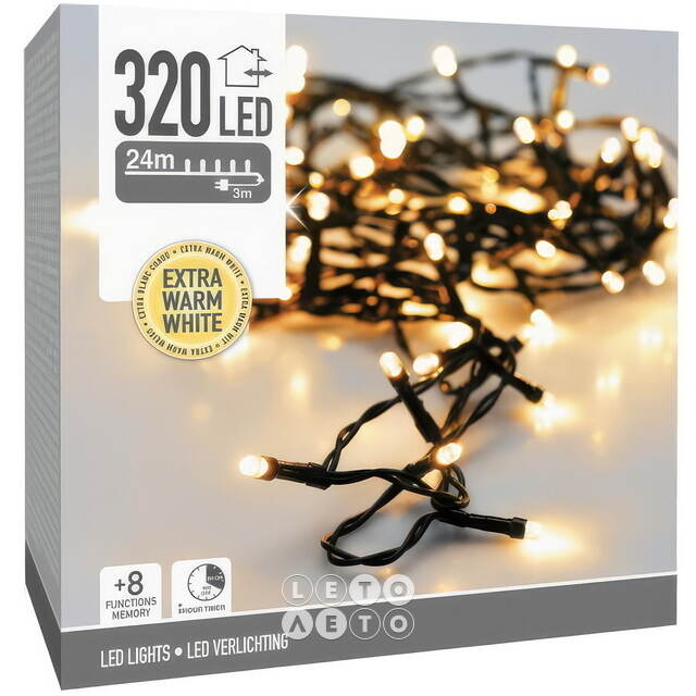 Светодиодная гирлянда Koopman Comfort 24 м, 320 экстра теплых белых LED ламп, зеленый ПВХ, контроллер, таймер, IP44 Koopman (Купман)