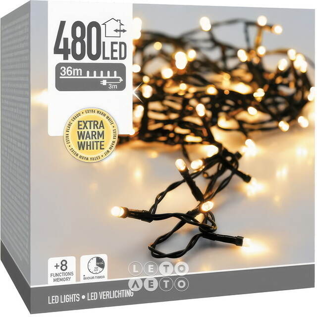 Светодиодная гирлянда Koopman Comfort 36 м, 480 экстра теплых белых LED ламп, зеленый ПВХ, контроллер, таймер, IP44 Koopman (Купман)