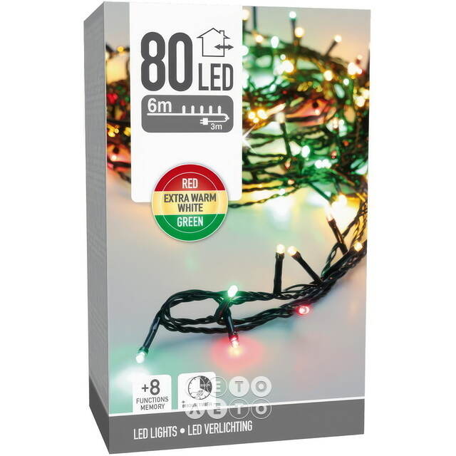 Светодиодная гирлянда Koopman Comfort Italian 6 м, 80 разноцветных LED ламп, зеленый ПВХ, контроллер, таймер, IP44 Koopman (Купман)
