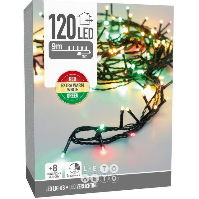 Светодиодная гирлянда Koopman Comfort Italian 9 м, 120 разноцветных LED ламп, зеленый ПВХ, контроллер, таймер, IP44 Koopman (Купман)