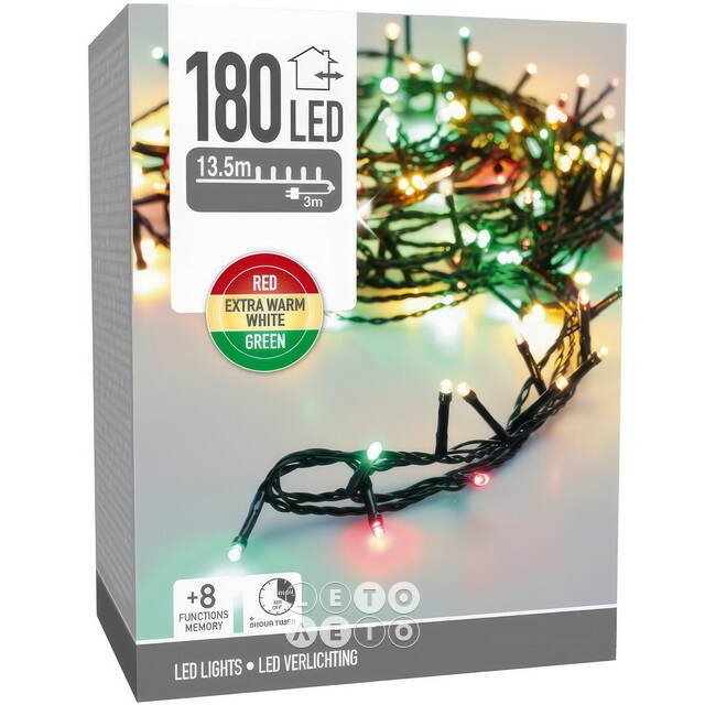 Светодиодная гирлянда Koopman Comfort Italian 13.5 м, 180 разноцветных LED ламп, зеленый ПВХ, контроллер, таймер, IP44 Koopman (Купман)