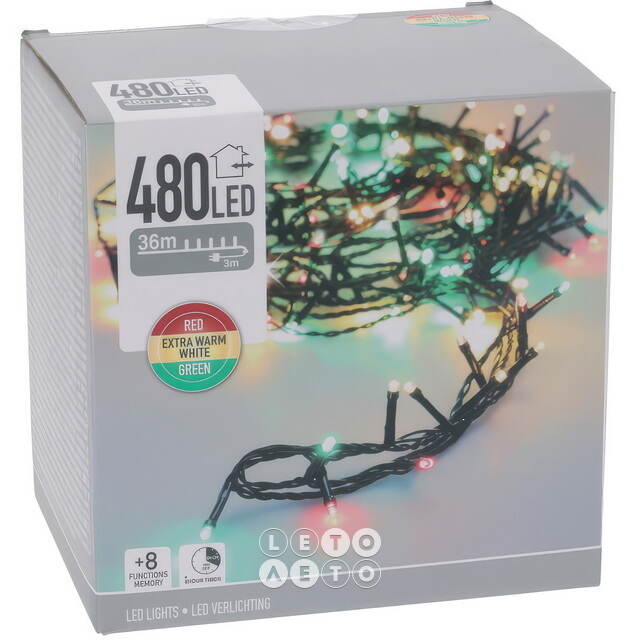 Светодиодная гирлянда Koopman Comfort Italian 36 м, 480 разноцветных LED ламп, зеленый ПВХ, контроллер, таймер, IP44 Koopman (Купман)