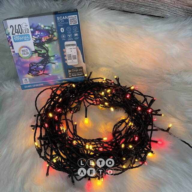 Светодиодная гирлянда Koopman Comfort 24 м, 240 разноцветных LED ламп, зеленый ПВХ, управление с телефона, контроллер, диммер, IP44 Koopman