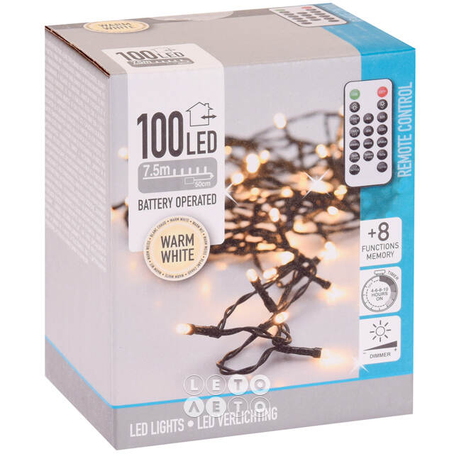 Светодиодная гирлянда на батарейках Koopman Comfort 7.5 м, 100 теплых белых LED ламп, черный ПВХ, пульт управления, контроллер, диммер, IP44 Koopman