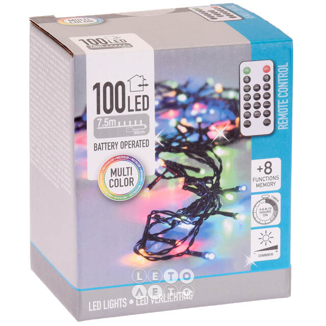 Светодиодная гирлянда на батарейках Koopman Comfort 7.5 м, 100 разноцветных LED ламп, черный ПВХ, пульт управления, контроллер, диммер, IP44 Koopman