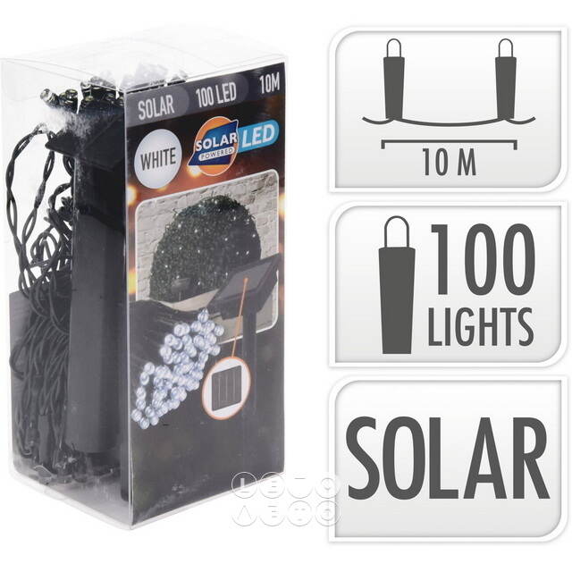 Гирлянда на солнечной батарее Гритан 10 м, 100 холодных белых LED, зеленый ПВХ, IP44 Koopman (Купман)