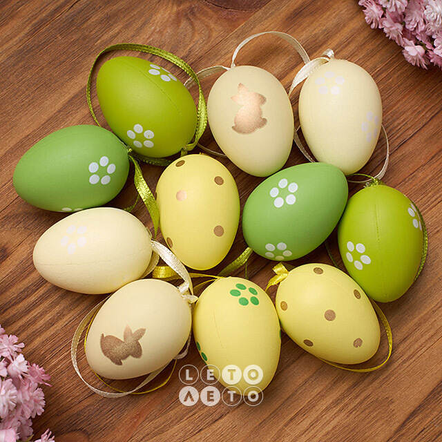 Пасхальные украшения Яйца: Green Gravino 4 см, 12 шт, подвеска Koopman