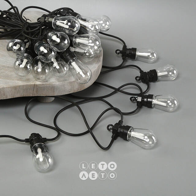 Гирлянда из лампочек Edison Party Lights 10 м, 20 ламп, теплые белые LED, черный ПВХ, соединяемая, IP44 Winter Deco