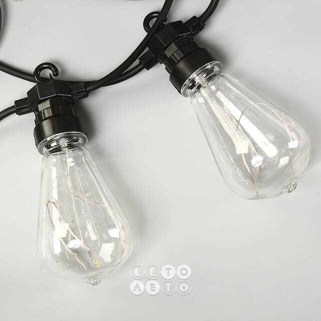 Гирлянда из лампочек Edison Shine Party Lights 10 м, 20 ламп, теплые белые LED, черный ПВХ, соединяемая, IP44 Winter Deco