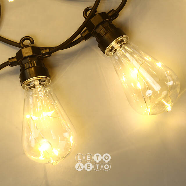 Гирлянда из лампочек Edison Shine Party Lights 10 м, 20 ламп, теплые белые LED, черный ПВХ, соединяемая, IP44 Winter Deco