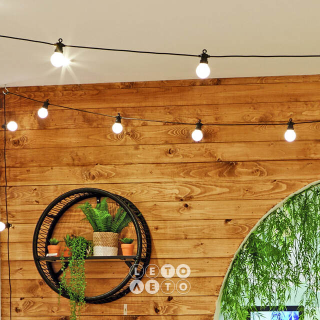 Гирлянда из белых лампочек Ретро, 20 ламп, теплые белые LED, 9.5 м, черный ПВХ, соединяемая, IP44 Kaemingk