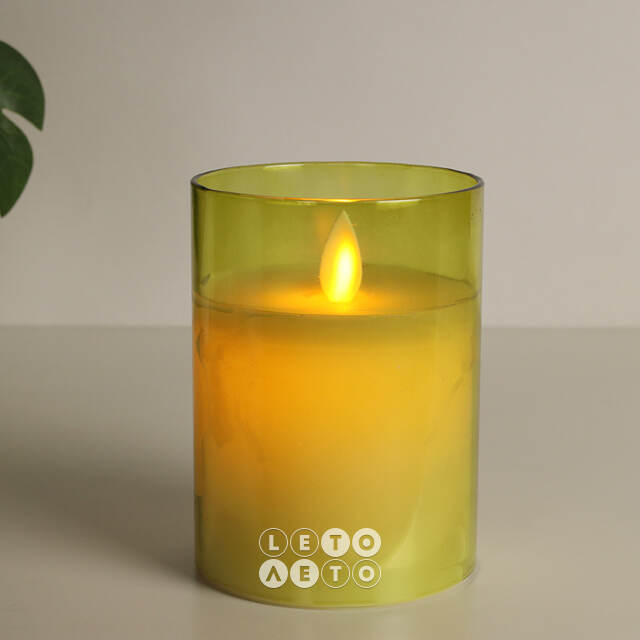 Светодиодная свеча с имитацией пламени Magic Flame в стакане 10 см салатовая Peha