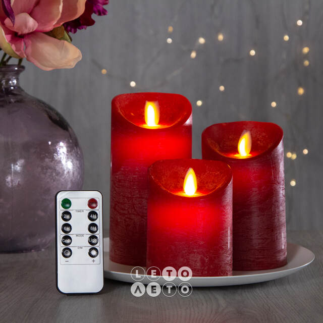 Набор восковых светодиодных свечей с имитацией пламени Magic Flame 11-15 см, 3 шт, с пультом, красные, на батарейках Peha