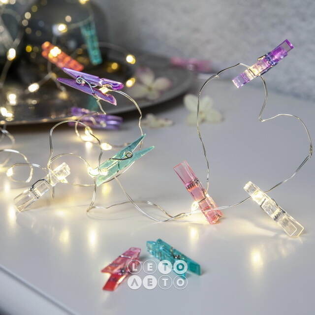 Светодиодная гирлянда Прищепки Rainbow Clippy на батарейках 2.9 м, 30 теплых белых LED ламп, серебряная проволока, IP20 Star Trading