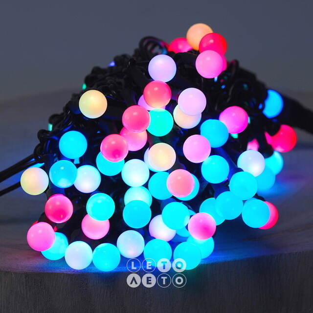 Светодиодная гирлянда Мультишарики 13 мм 100 RGB LED ламп 10 м, черный ПВХ, соединяемая, IP44 BEAUTY LED
