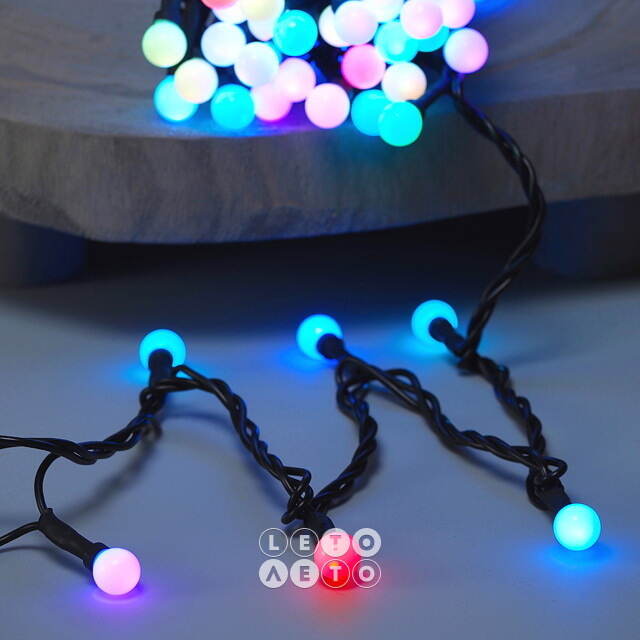 Светодиодная гирлянда Мультишарики 13 мм 100 RGB LED ламп 10 м, черный ПВХ, соединяемая, IP44 BEAUTY LED