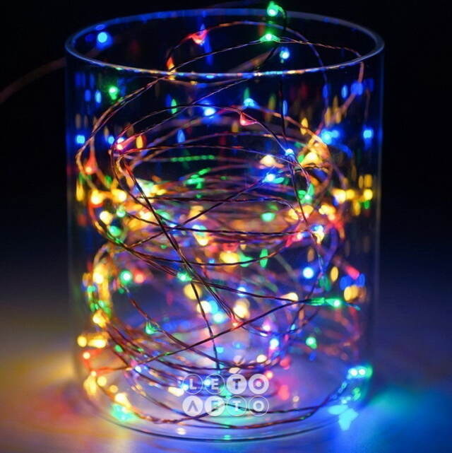 Светодиодная гирлянда Капельки 120 разноцветных мини LED ламп 12 м, серебряная проволока, IP44 Koopman